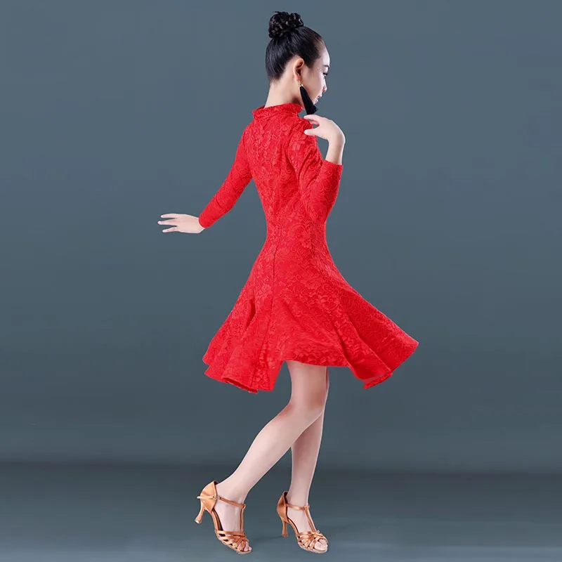 Латинские танцевальные платья детские красные платье Чонсам с длинным рукавом воротник девочки конкурсное выступление одежда Румба ча-ча Самба платья DN3072