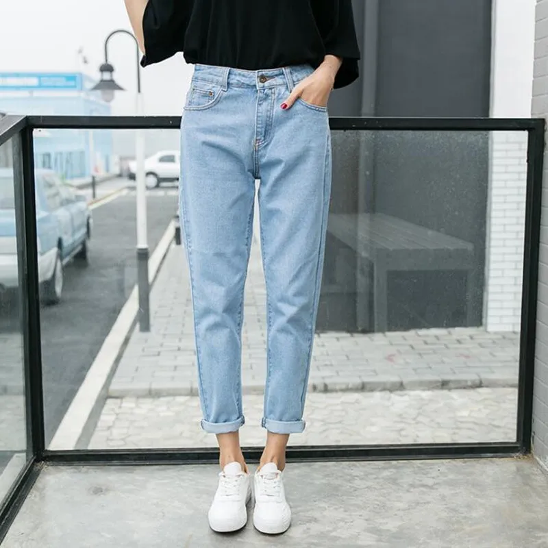 High Waist Boyfriend Jeans For Women Girls Lady 2019 New Fashion Loose Jean Vintage Blue Straight Denim Mom Jeans Pants Trousers