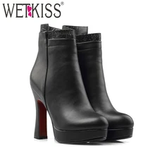 WETKISS/Новинка года; Модные женские ботильоны; женские ботинки на Высоком толстом каблуке; женская обувь на платформе с молнией; большие размеры 33-46