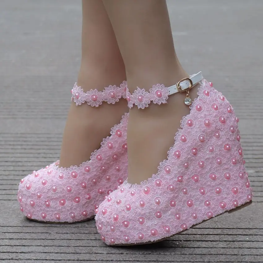 2019 new White Wedges Wedding Pumps Sweet White Flower Lace Pearl Platform Pump Shoes Bride Dress High Heels