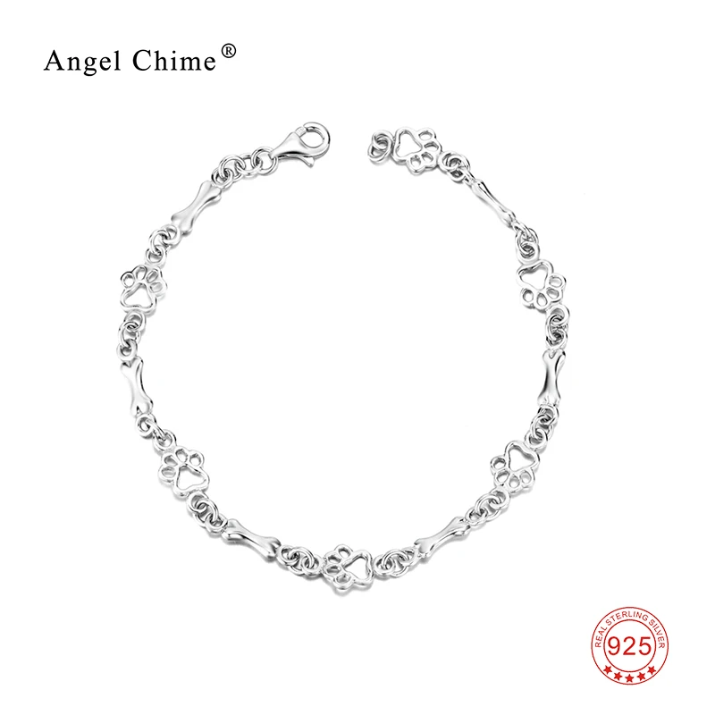 

Cute Dog Paw and Bone Charming Bracelets 925 Sterling Silver Animal Pattern Wristband Bracelets For Women Femme
