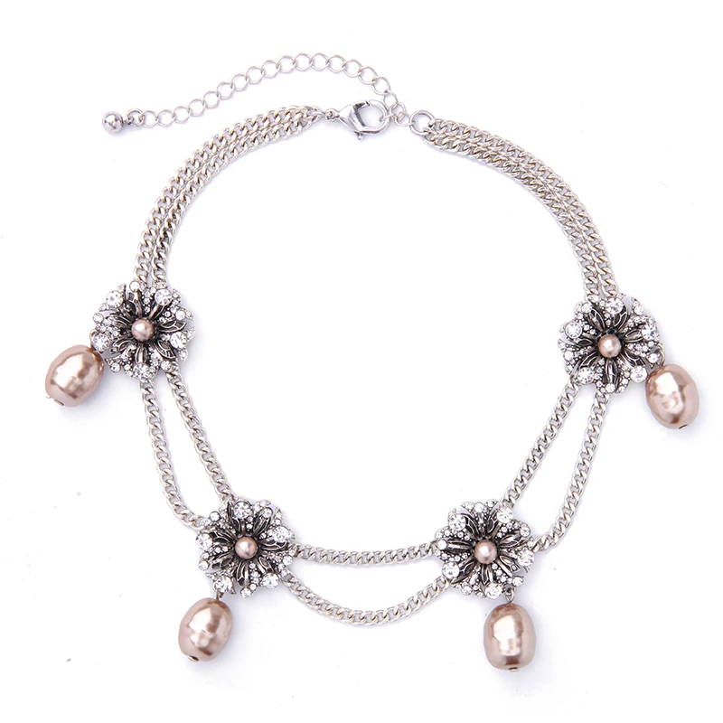 

Hot New Classic Charm Double-layer Chain Necklace Antique Silver Color Flower Rose Imitation Pearl Pendant Choker Necklace