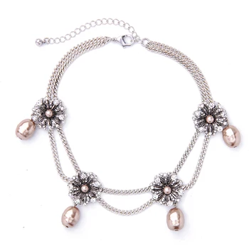 

Hot New Classic Charm Double-layer Chain Necklace Antique silver color Color Flower Rose Imitation Pearl Pendant Choker Necklace