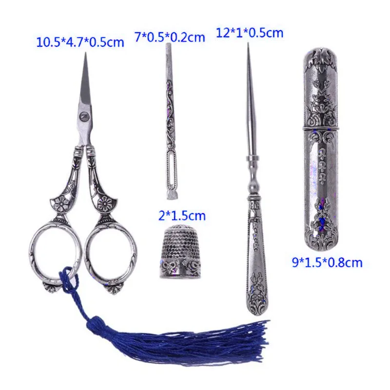 

Hot Sewing Scissors Set Vintage Embroidery Tool Alloy Awl Threader Thimble Needle Case Kit PLD