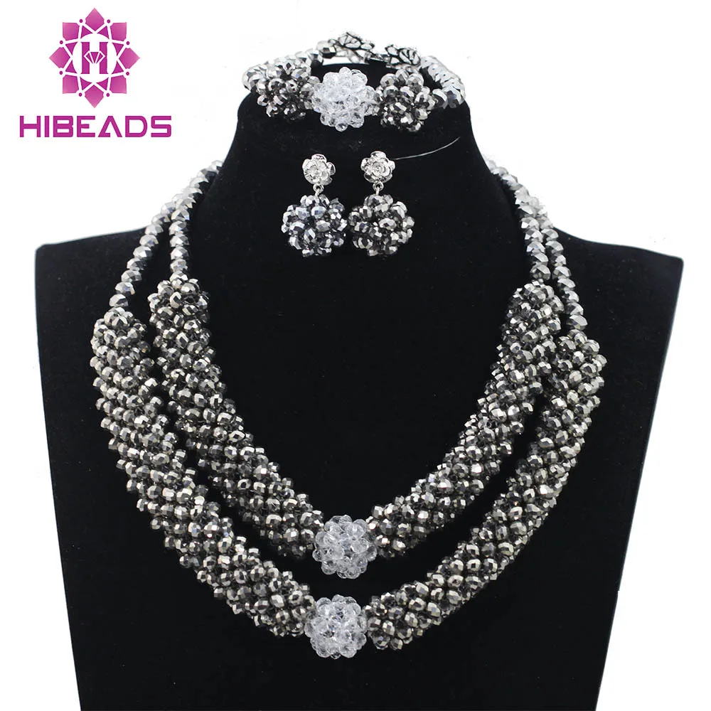 Metallic Silver Crystal Chunky Statement Necklace Set African Silver