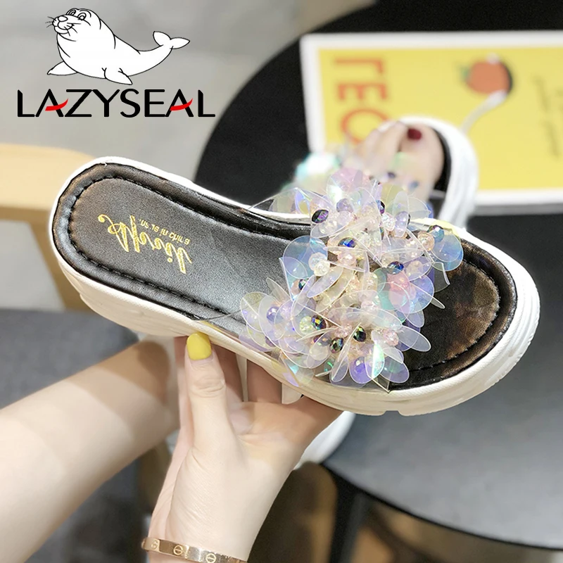 LazySeal Transparent Bling Platform Slippers Women New Summer Shoes With Crystal Diamonds Wedge Ladies Flip Flops Woman Slides