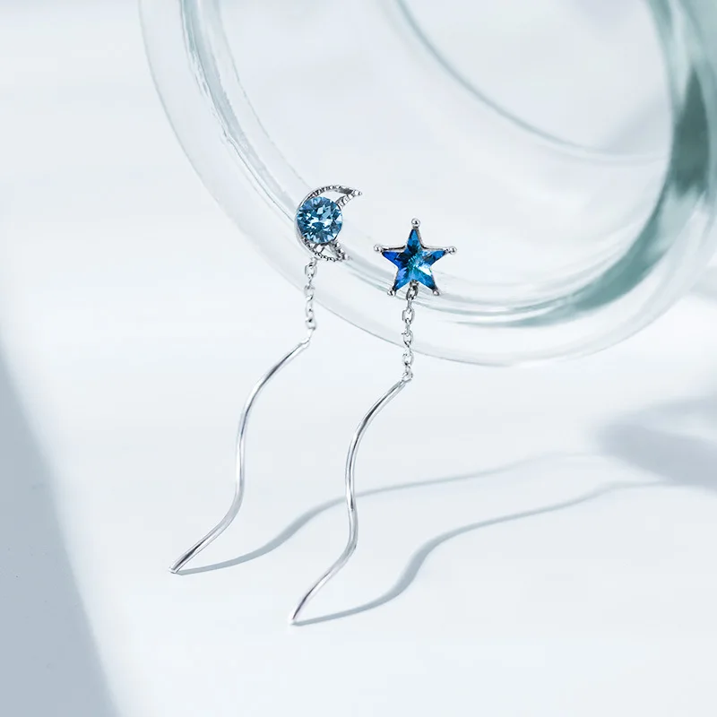 blue crystal moon star ear line 100% 925 Sterling silver Jewelry fashion Hypoallergenic Stud earrings for women girl gift