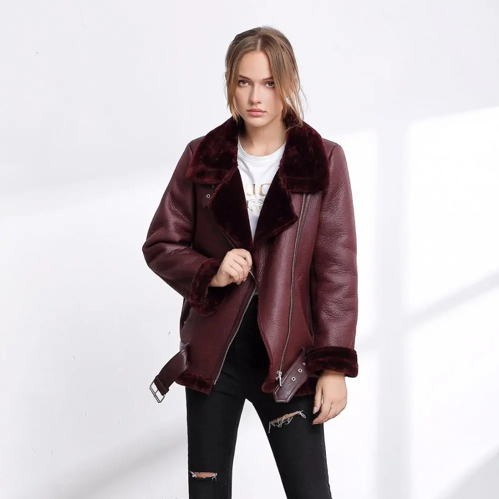 

Casual Winter Thick Women Coat Faux Leather Wool Female Jacket Solid Color Turn-down Collar Lady Outside Top