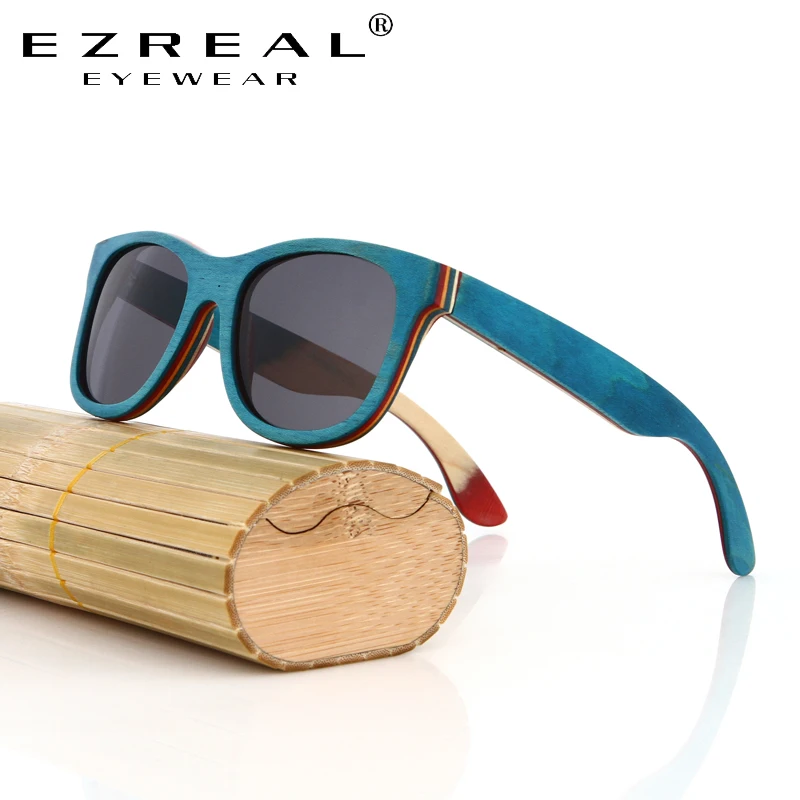 EZREAL брендовые Дизайнерские деревянные солнцезащитные очки, новые мужские Поляризованные синие деревянные солнцезащитные очки для скейтборда с оригинальной коробкой, Ретро винтажные очки