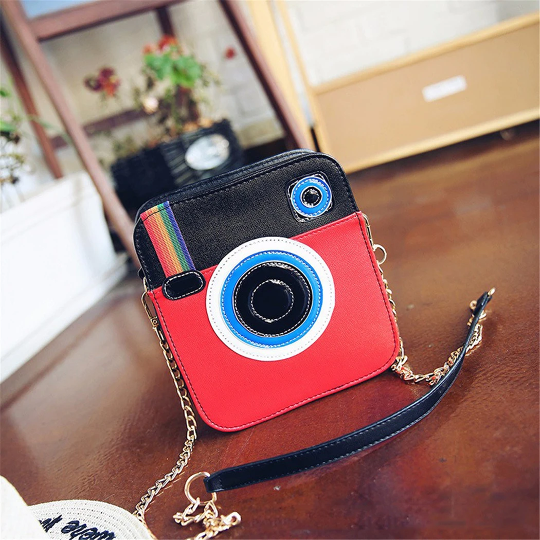 

2018 New Design Rainbow Camara Pattern Crossbody Bag For Girls Women Lovely Unique Camera Shape Mini Bag With Metal Chain Handle