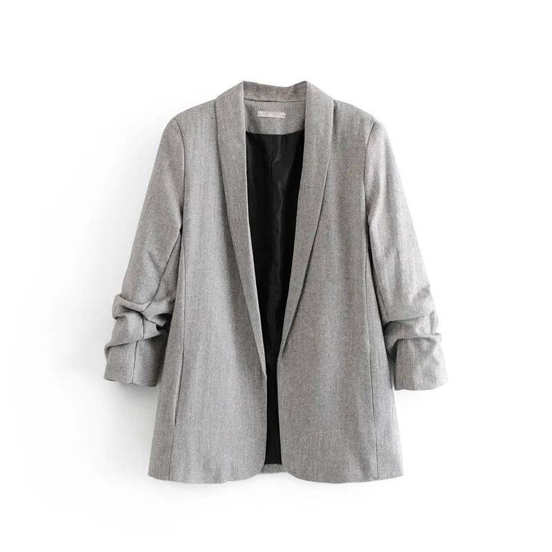 

2018 Women-s Cardigan Blazer Pleated Sleeve Suits Herringbone Office Ladies Skilled Sets Notched Collar Girls Slim Linen Blazers