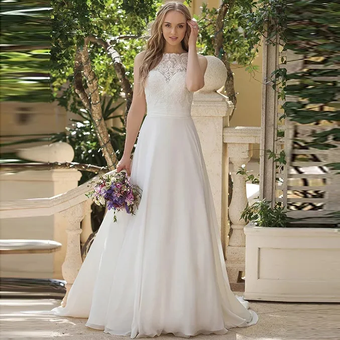 

Cheap Simple Princess Boho Wedding Dress A Line Chiffon White/Ivory Appliques Vestido De Noiva Train Bridal Gown