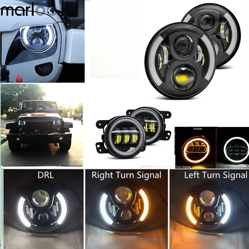 Marloo For 2007-2017 Jeep Wrangler JK LED 7 Inch Headlights With 4inch White DRL Amber Turn Signal Halo LED Fog Lights Combo Kit Marloo For 2007-2017 Jeep Wrangler JK LED 7 Inch Headlights With 4inch White DRL Amber Turn Signal Halo LED Fog Lights Combo Kit