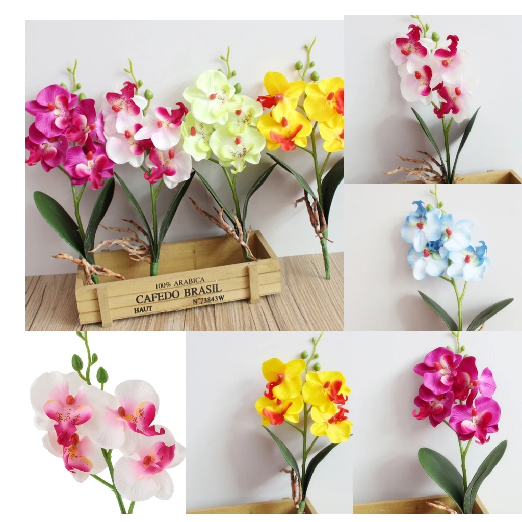 Single 13'' Phalaenopsis Orchid Artificial Branches Real Touch Flowers for Home Office Wedding (Yellow, Blue, Purple, White)	