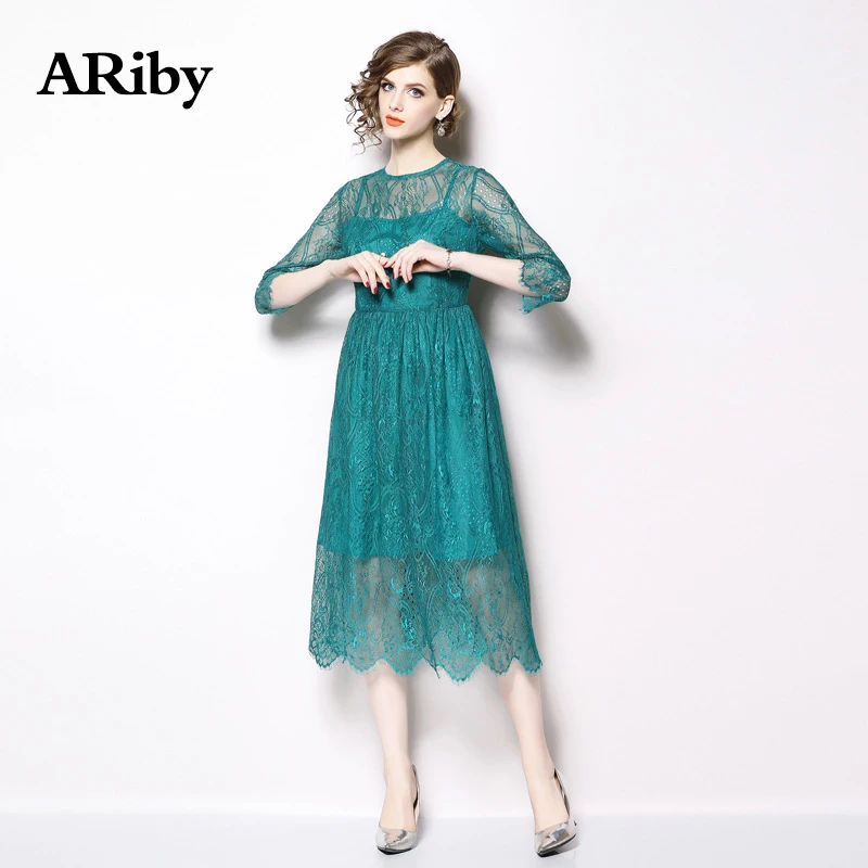 

Women Dress Plus Size Party Club Lace Dress 2019 Temperament Retro Hollow A-Line Solid Three Quarter Sleeve Empire O-Neck Dress