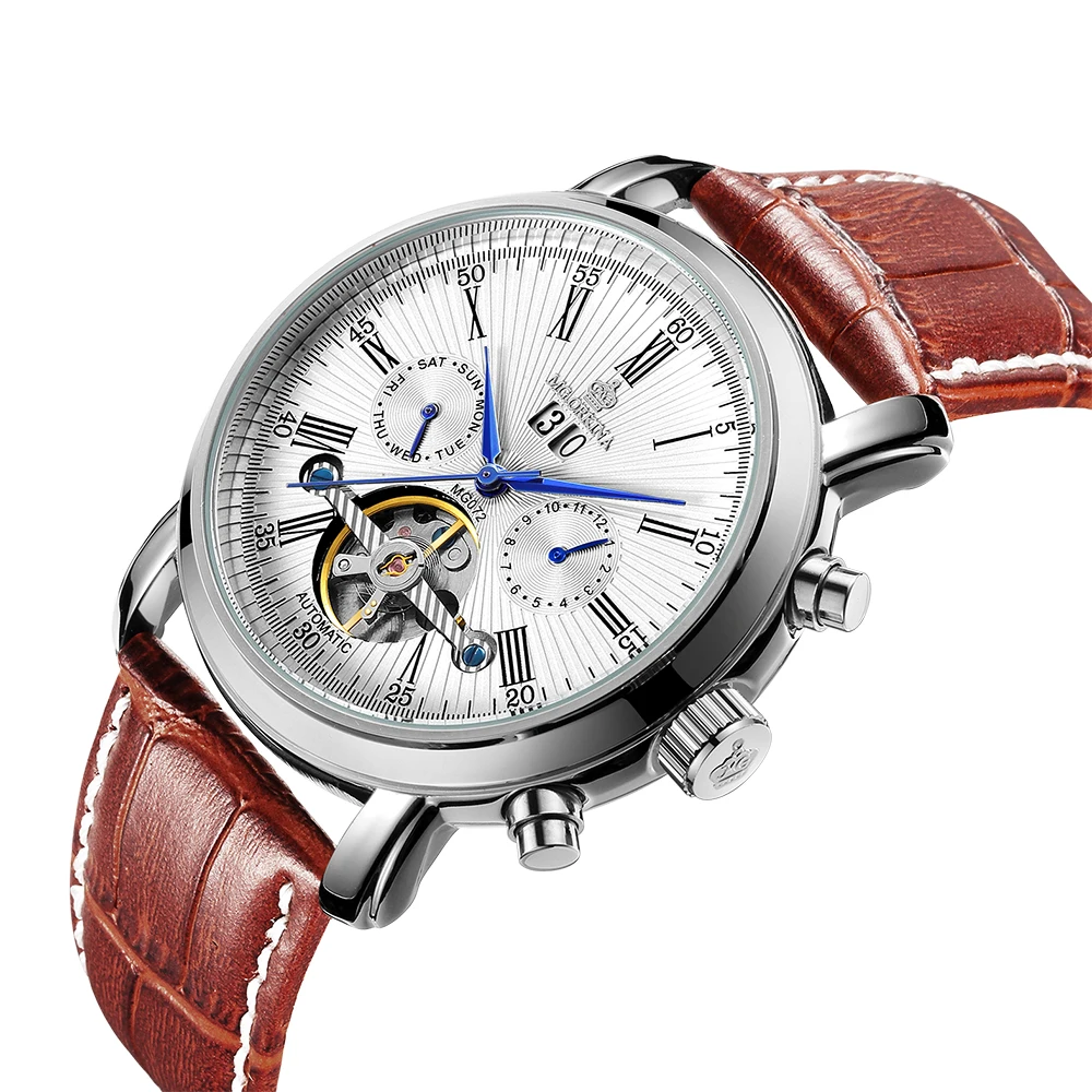 

MG. ORKINA Male Orologio Sunbeam Dial Tourbillon Mechanical Men's Wristwatch Auto Date Day Watch Big Case Leather Strap Relogio