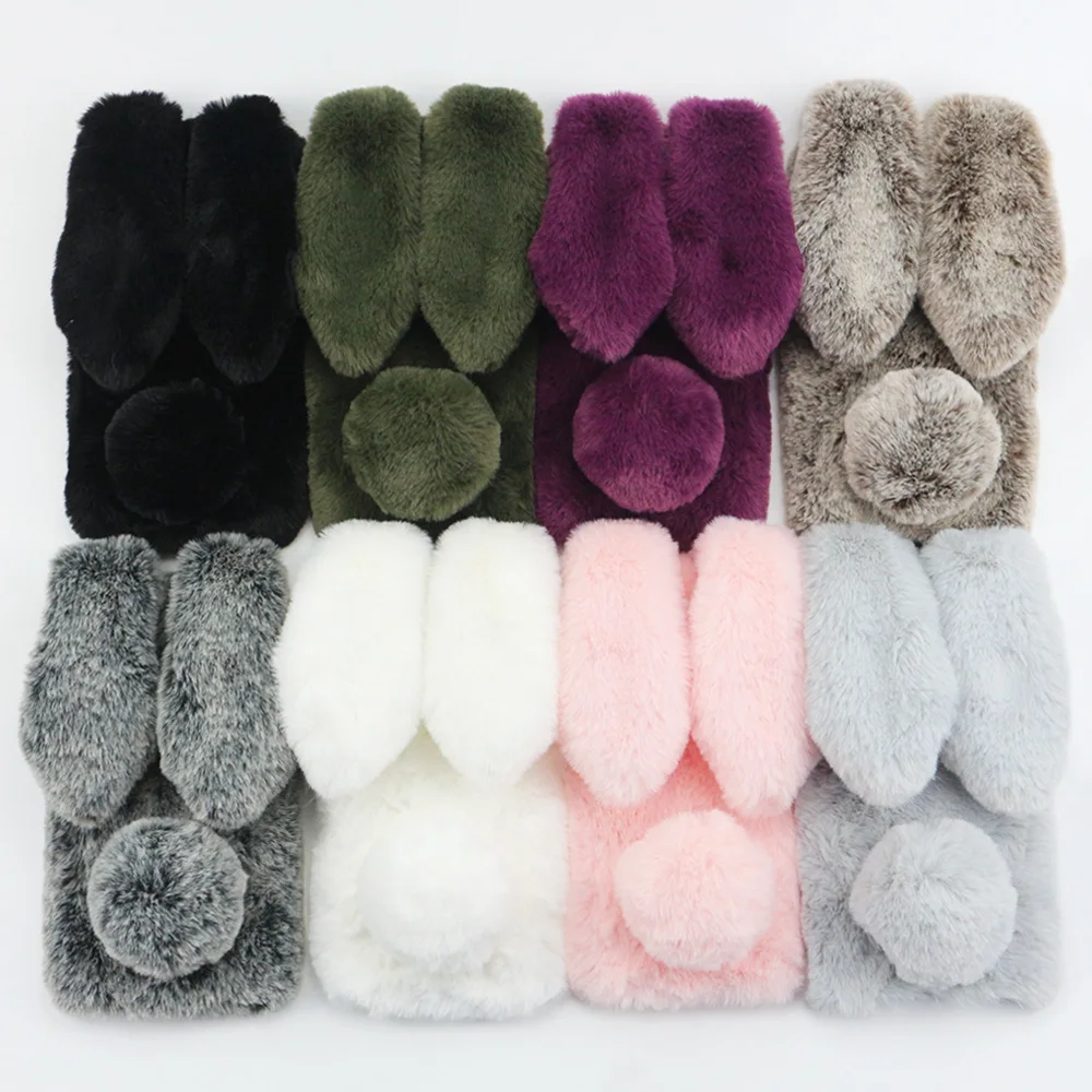 KIPX1033_10_For iPhone 7 8 Case 3D Rabbit Hairy Warm Winter Fur Bling Rhinestone Plush Bunny Cover Case for iPhone XS XR 5 5S SE 6S 7P 8 Plus