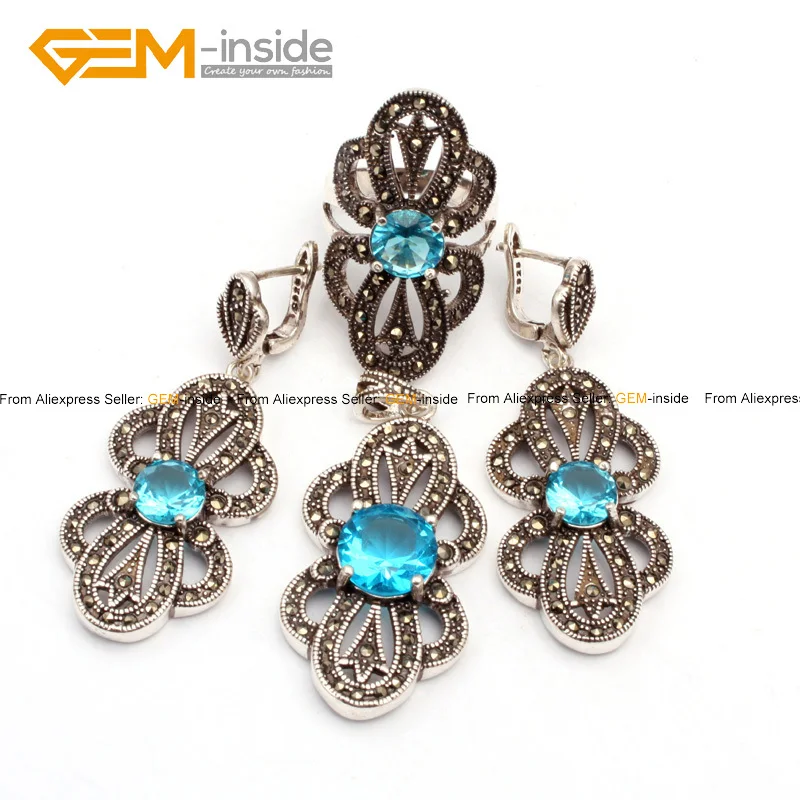 

Semi Flower Antiqued Tibetan Silver Ring Earrings Pendant Jewelry Set Color Selectable Fashion Beads Jewelry Sets Wholesale
