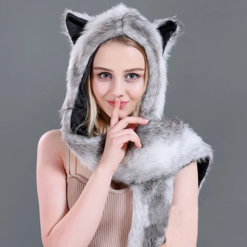 SH001 Для женщин зимняя шапка Earflap Кепки Теплый животных шапка из искусственного меха шапочка Толстовка перчатки Кепки Для женщин шарф, шляпа