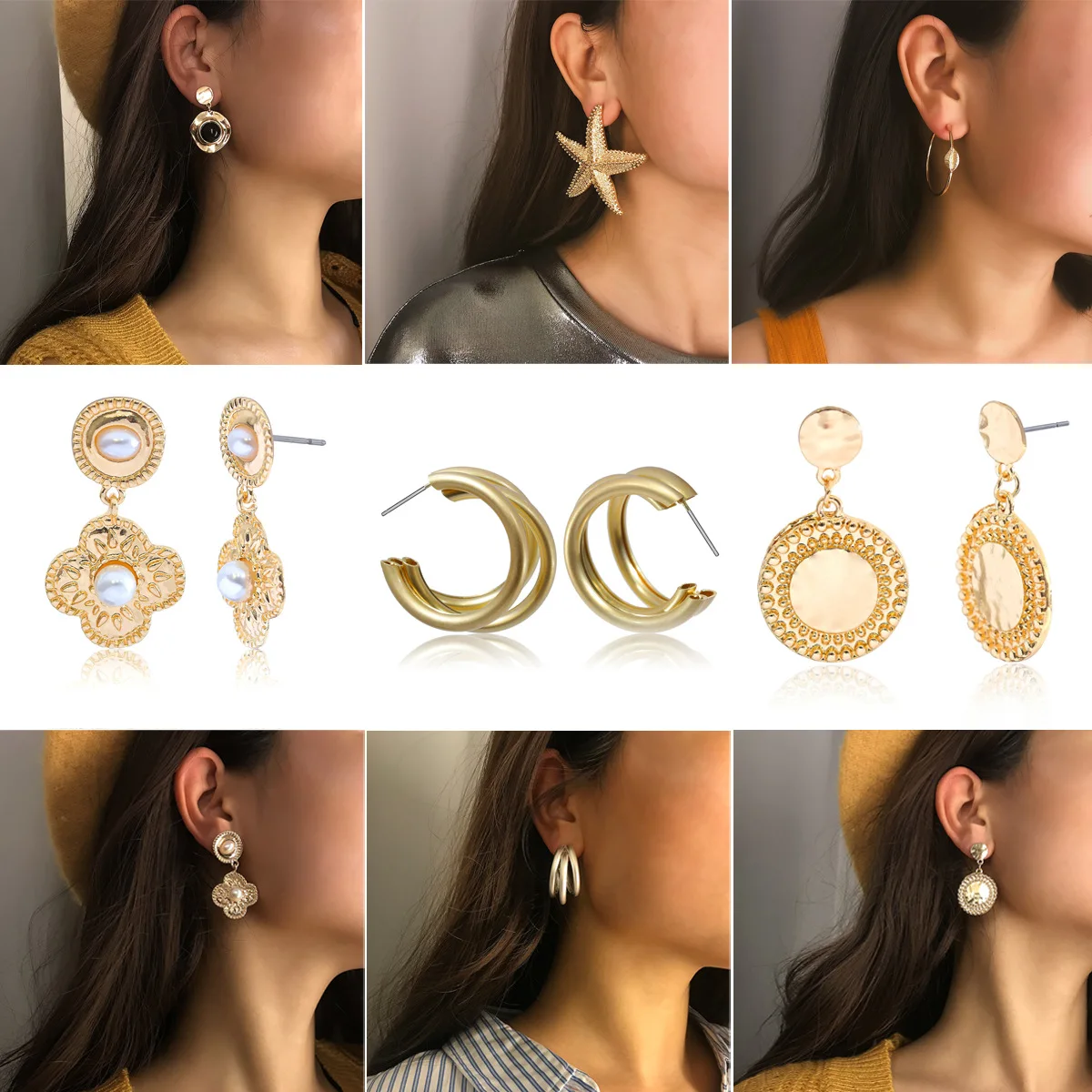 

European jewelry temperament lady literary earrings woman hollow semi-circular geometric imitation pearl ladies earrings