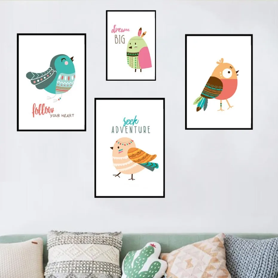 

Cartoon Birds Brave Quotes Canvas Paintings Indian Style Wall Art Pictures Posters Prints Kids Gift Bedroom Home Decor