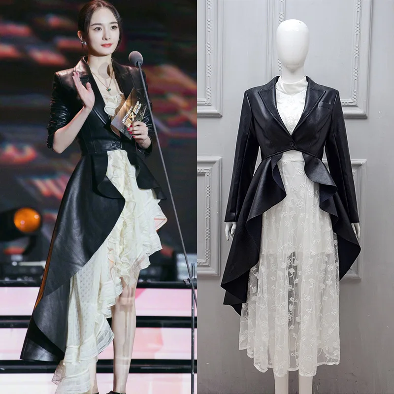 

Spring 2019 New Same Black Lotus Leaf Edge Irregular Leather Garment Single Button Turn-down Collar Button black Jacket Women