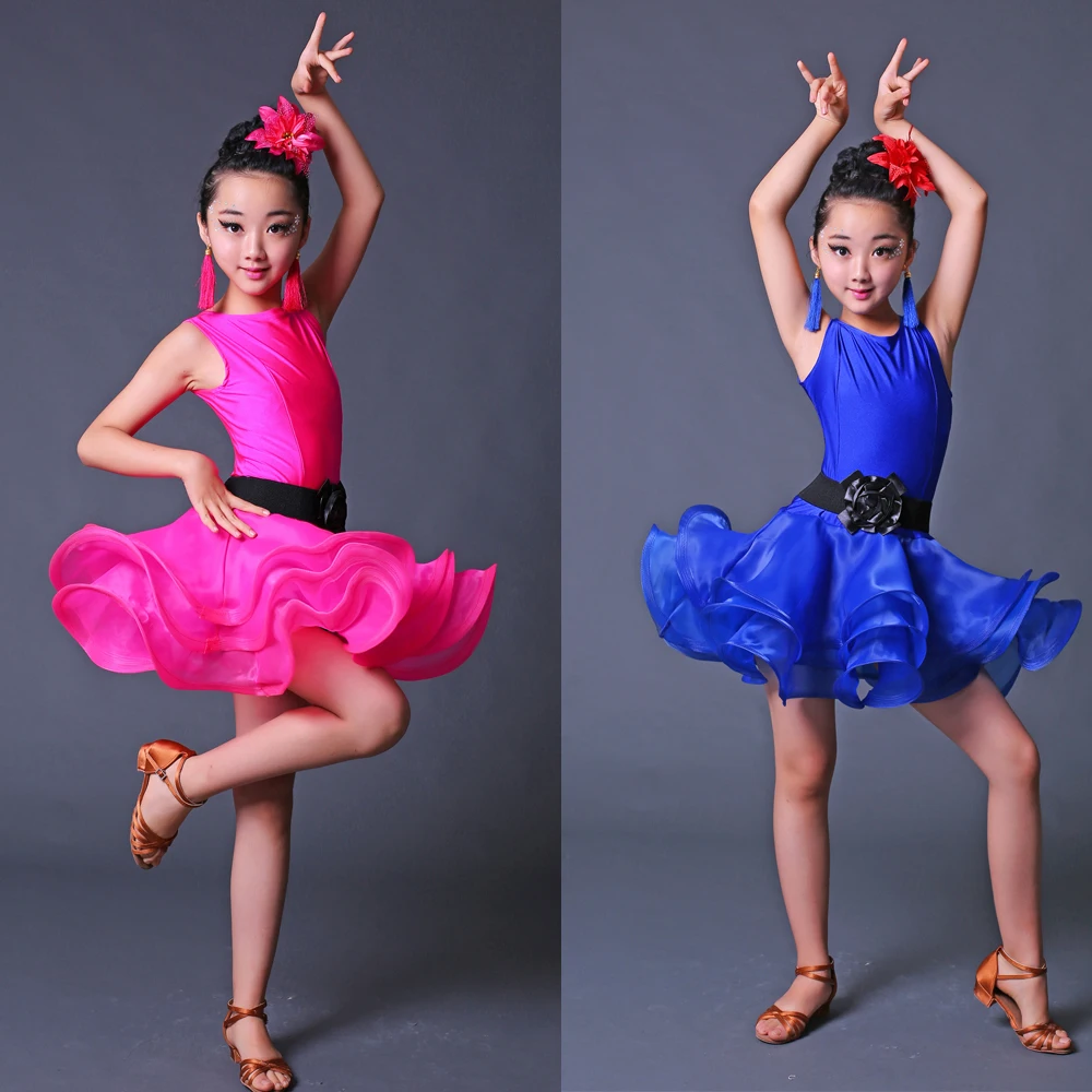 

Girls Blue Red Professional Latin dancing dress Kids Ballroom Salsa Dance wear Outfits Children's Party Stage wear costumes