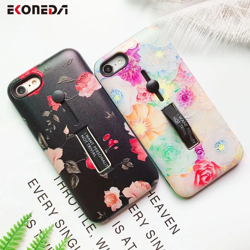 

EKONEDA Ring Holder Phone Case For iPhone 7 7 Plus 8 8 Plus 6 6S Plus Case For iPhone X XS Max XR Relief Floral Leaves Case