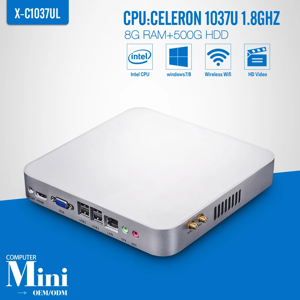  Fanless Design Celeron C1037U 8G RAM+500G HDD Mini PC Desktop Computer Support Win 7 XP System Thin Client Latest Mini Computer 