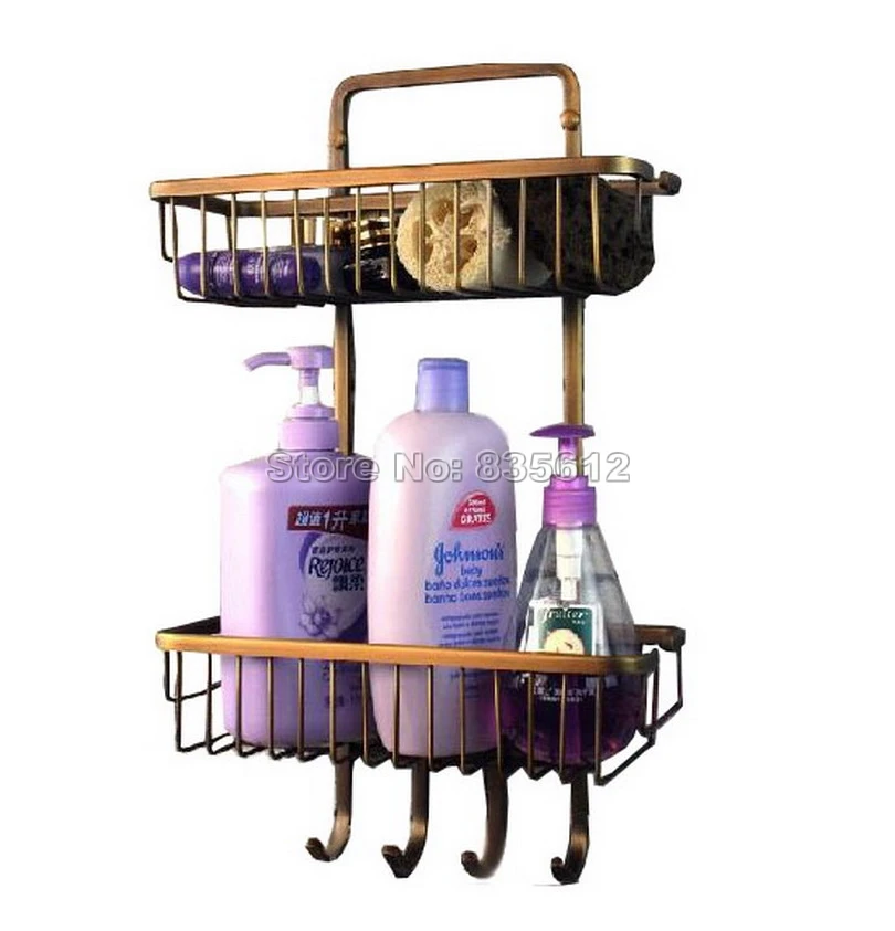 

2 Layer Bathroom Antique Brass Shower Shelf Basket Caddy Storage & Robe Hook Wba109