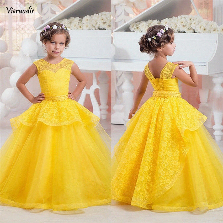 13-1            Elegant Dresses for Birthday Kids Yellow Tulle Lace Flower Girl Dresses Princess Gown Floor Length For Wedding Party Dress