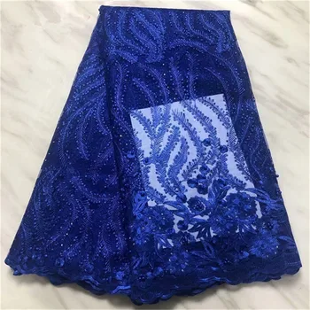 

High Quality African Lace Fabric beads Royal Blue French Net Embroidery Tulle Lace Fabric For Nigerian Wedding Party Dress