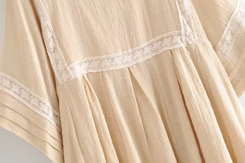 Богемное шикарное летнее винтажное женское кружевное лоскутное льняное хлопковое мини-платье для девушек с рукавом летучая мышь и круглым вырезом пляжные платья vestidos mujer