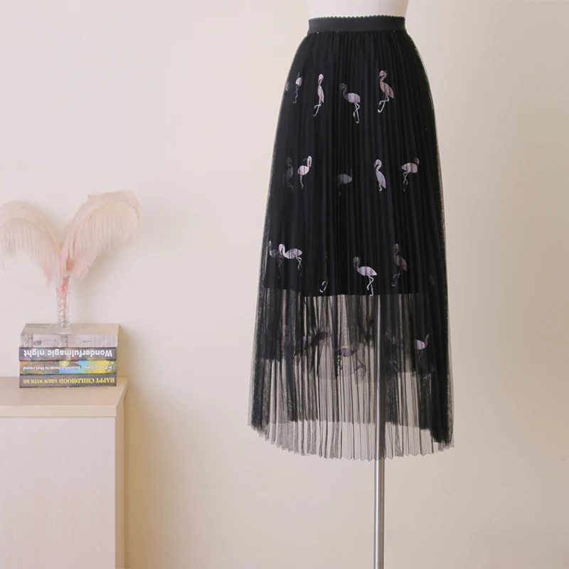 Новое платье с вышивкой фламинго, сетчатая юбка, длинная Плиссированная юбка