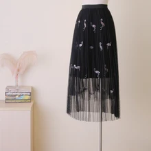 Новое платье с вышивкой фламинго, сетчатая юбка, длинная Плиссированная юбка