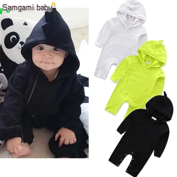 

SAMGAMI BABY Autumn Newborn Boy Girl Clothes Cotton Long Sleeve Cartoon Dinosaurs Pure colour Black Hooded Romper Jumpsuit 0-24M