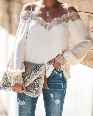 Trendy Women clothes Long Sleeve Casual Loose Ladies Lace T-Shirts Polyester strap off shoulder Tops one pieces