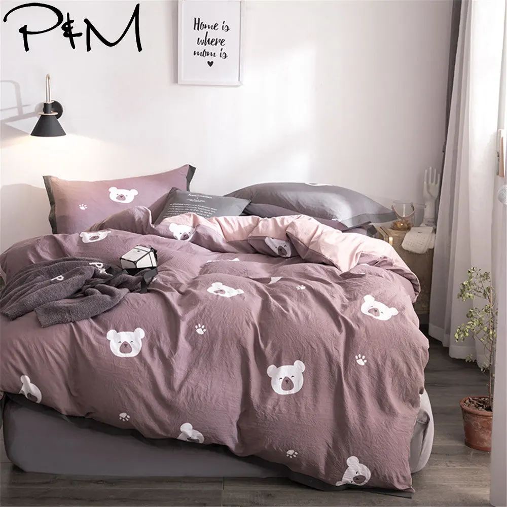 

2019 Cartoon Purple Pink Panda Bedlinens Queen King Duvet Cover Set Washed Polyester Fabric Bedding Set Pillowcases