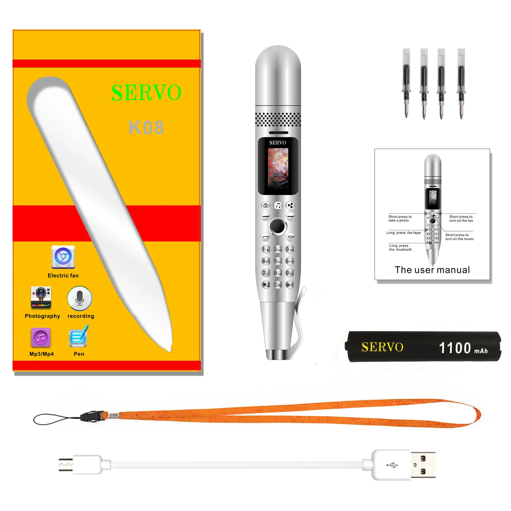 Электрический вентилятор мобильный телефон SERVO K08 0,9" крошечный экран GSM Dual SIM Bluetooth Dialer Magic Voice сотовые телефоны с записывающей ручкой