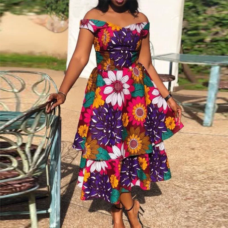 

2019 new summer sexy fashion women printing plus size v-neck knee-length dress M-XXL