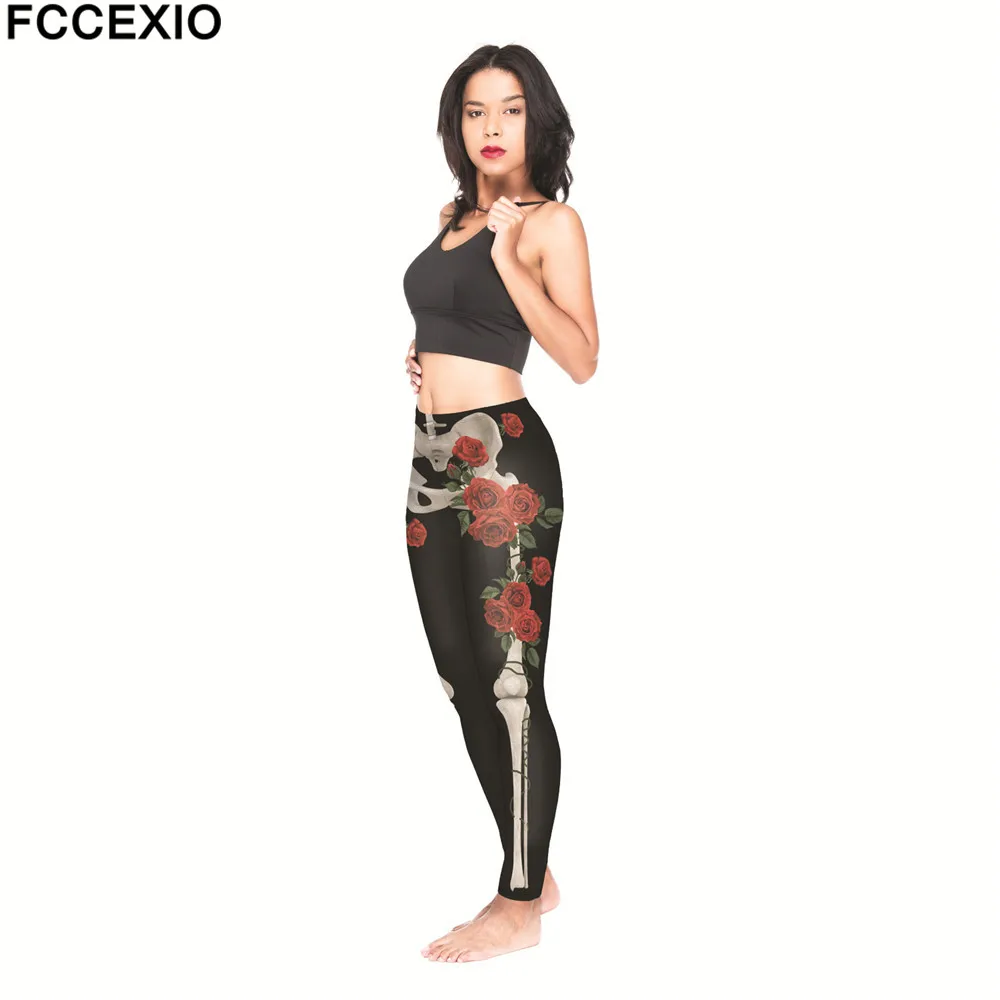 FCCEXIO Брендовые женские штаны для тренировок с высокой талией, леггинсы для фитнеса, стиль, Женские легинсы с принтом в виде скелета розы, обтягивающие брюки