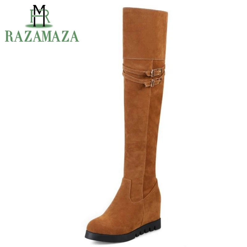 

RAZAMAZA Size 34-43 Women Height Increasing Wedges Over Knee Long Boots Female Zipper Buckle Strap Warm Plush Inside Botas