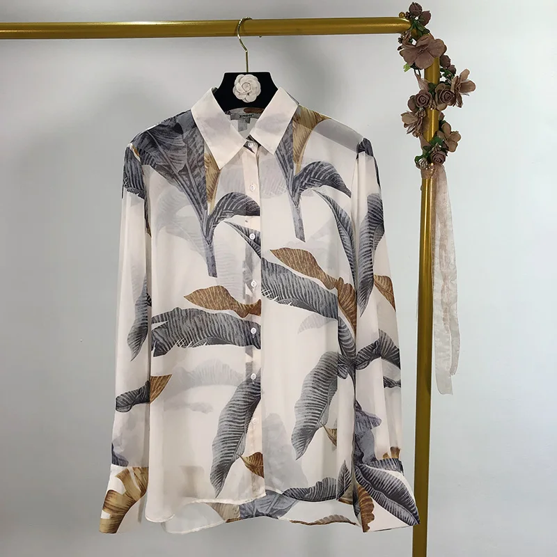 

2019 summer new style lapels banana leaf print loose lazy wind long-sleeved shirt women