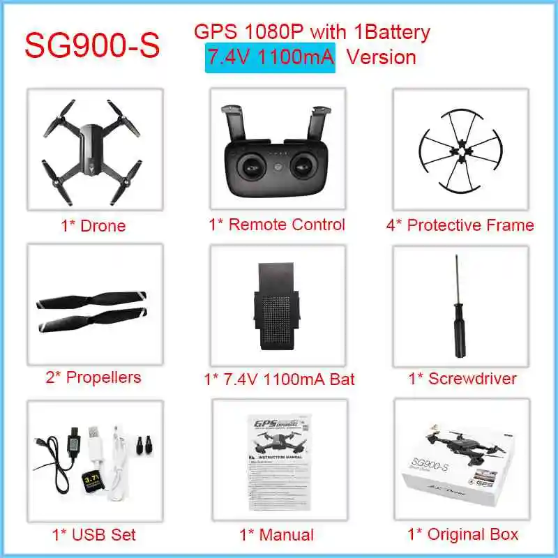 Профессиональный gps-дрон с камерой 1080P 720P 5G wifi HD Дрон SG900 Follow Me Altitude Hold Квадрокоптер складной SG900-S Дрон - Цвет: GPS-1080P-1100mA-1B