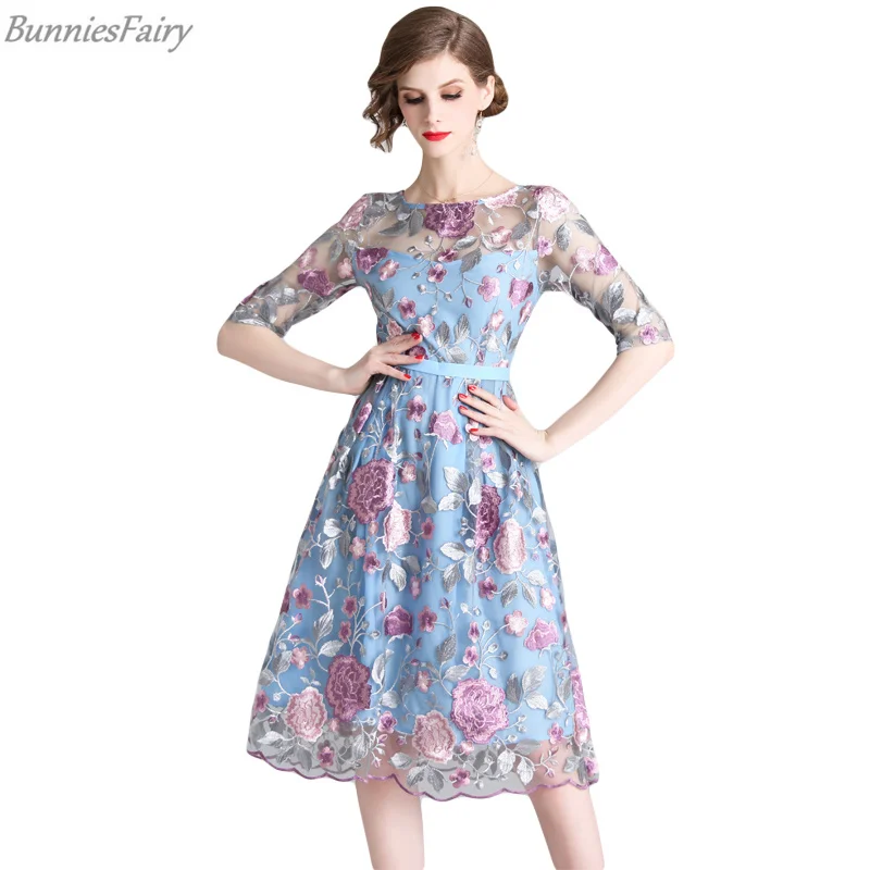 

BunniesFairy 2019 Summer Bohemian Boho Style Flower Floral Embroidery Sheer Mesh A-line Dress See-through Blue Vestido De Festa