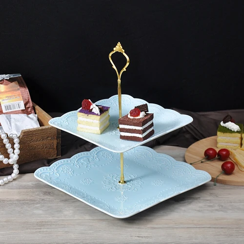 Рельефное керамическое блюдо для закусок подставка для торта посуда трехуровневая Свадьба День рождения фрукты тарелка ZP12171540 - Цвет: B 2 layers blue