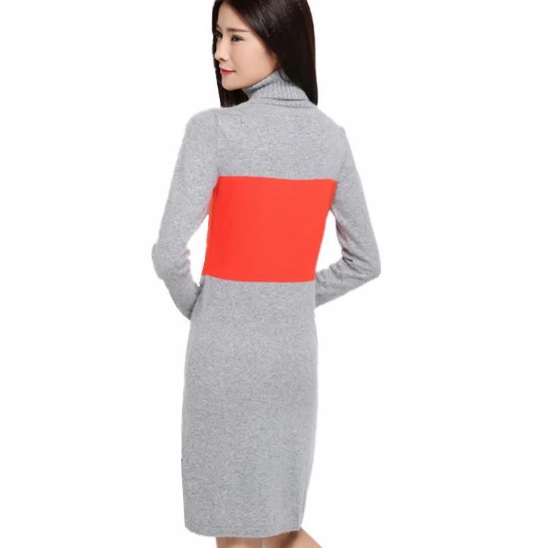 Sparsil Women Spring&Autumn Slim Style Cashmere Blend Vintage Dress Turtleneck Mini Sweater Dresses Patchwork Knitwear