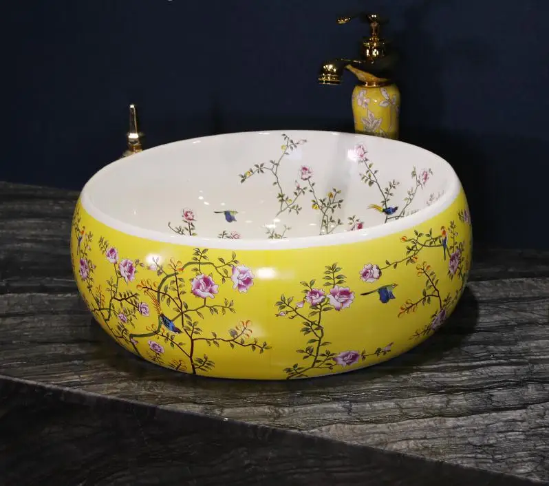 Круглый умывальник на Цзиндэчжэнь красный цветок и птица керамический умывальник раковина для ванной комнаты - Цвет: only sink