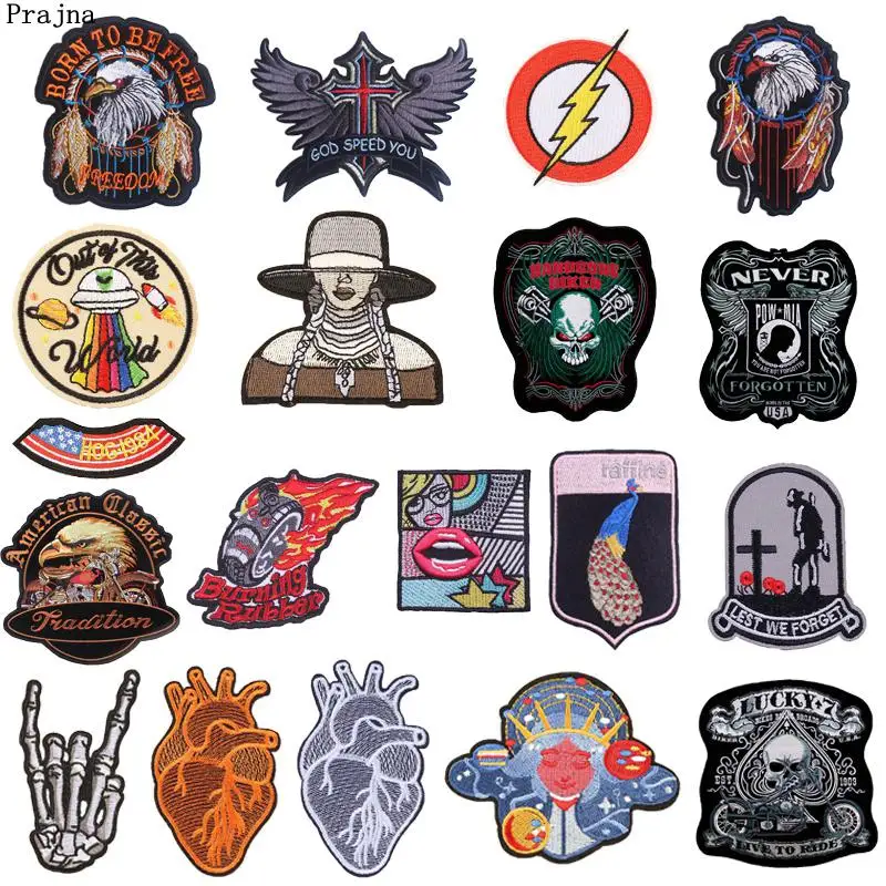 

Prajna Rock Skull Iron On Patches Motorcyclist Jacket DIY Clothing Applique Hippie Finger Peacock Embroidered Badges For Bag Man