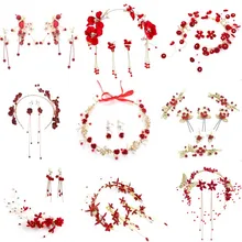 Новая тиара ручной работы с кисточкой красная лента-ободок для волос с цветами и жемчугом+ серьги свадебные цветочные гирлянды невесты вечерние свадебные женские аксессуары для волос